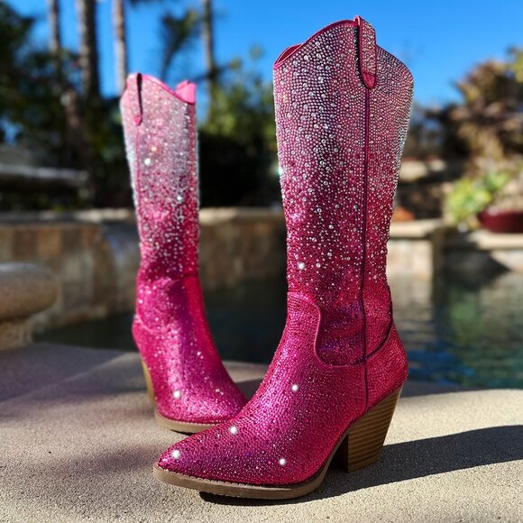 NEW🔥 Fuchsia Pink Multi Rhinestone Western Cowgirl Boot Mid-Calf Block Heel Zip - Picture 4 of 8